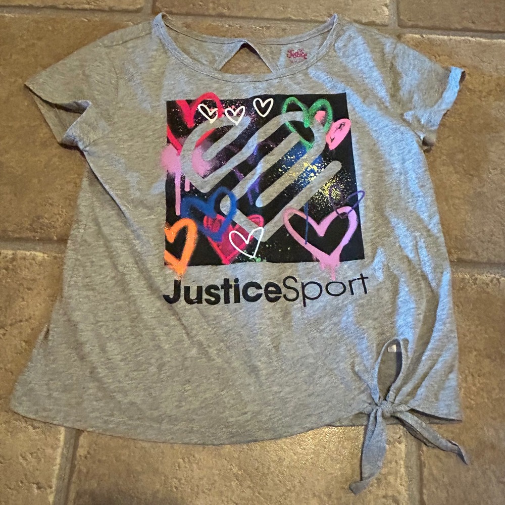 Justice Sport Girls Gray Heather Heart Graphic Side Tie Keyhole Back Tee Size S